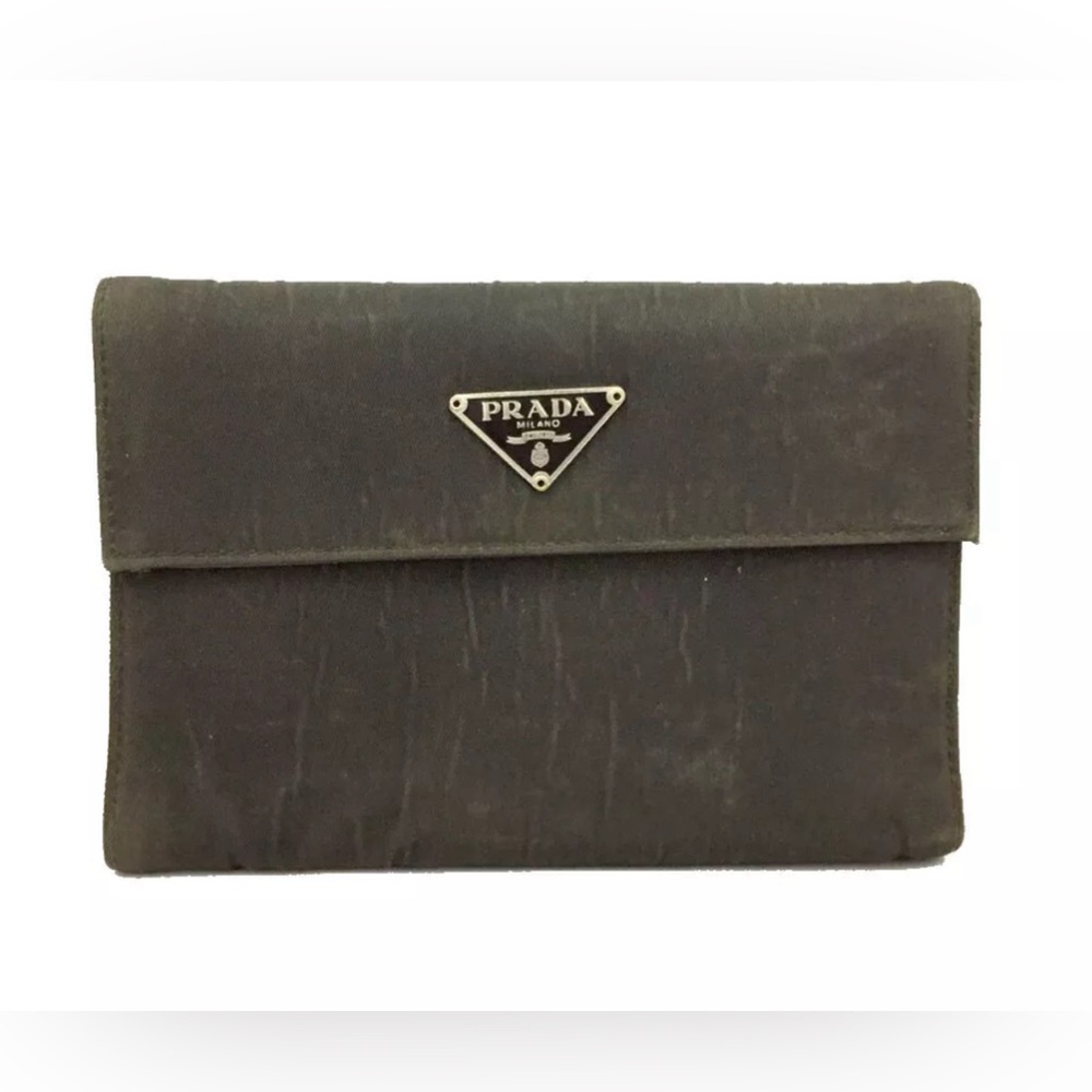 - PRADA Logo Plate Nylon Trifold Wallet.